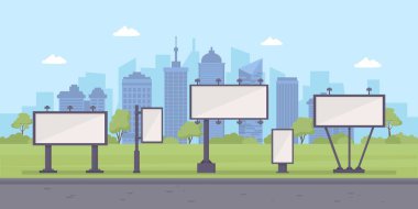 billboards. city landscape with blank ads billboards outdoor banners mockup template. Vector urban background