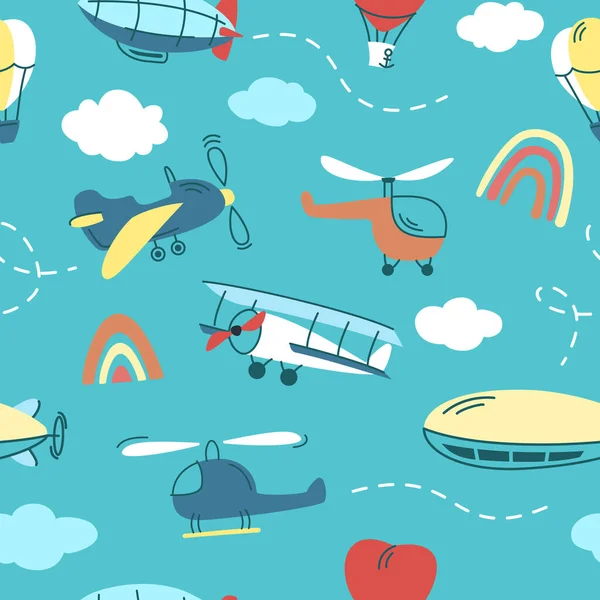 Airplane Pattern Balloons Helicopters Cloud Rainbow Pictures Vector Cartoon Seamless — стоковый вектор