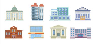 Municipal buildings. urban architectural objects banks school hospital police department. Vector flat pictures colored buildings isolated