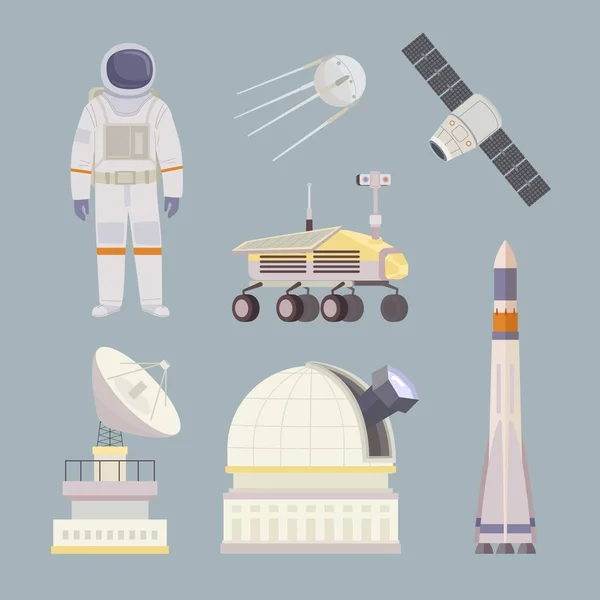 Space Objects Telescope Astronaut Rocket Stars Symbol Space Travellers Vector —  Vetores de Stock
