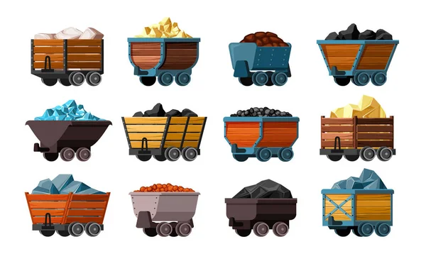 Mining Carts Gold Mineral Stones Diamonds Other Treasures Containers Vector — Stockvektor