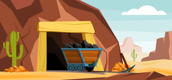 Mine Outdoor Background Landscape Minecarts Treasures Minerals Containers Vector Cartoon — Διανυσματικό Αρχείο
