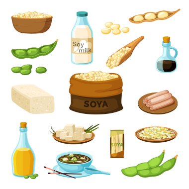 soya. vegetarian products from soya natural healthy food with protein. Vector cartoon illustration