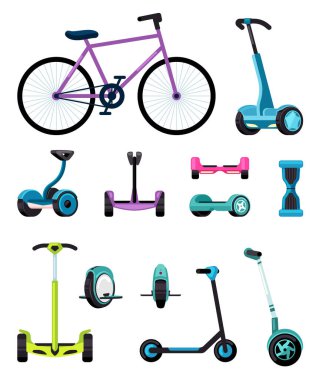 electric transport. eco urban vehicle scooter bicycle monowheel for solo riding outdoor riding in city park. Vector cartoon illustration