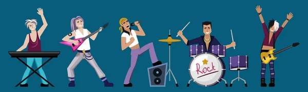 Rock Band Musicians Group Characters Action Poses Singer Guitarist Drummer — Διανυσματικό Αρχείο