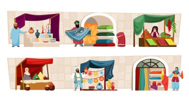 asian marketplace. arabian oriental bazaar different carpets silk clothes delicious food. Vector turkish concept compositions with oriental sellers
