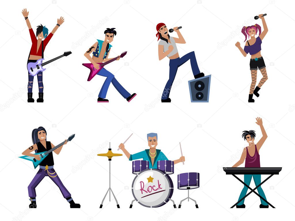rock band. musicians with instruments on rock concert singers drummer vocalists guitarist. Vector cartoon people action poses