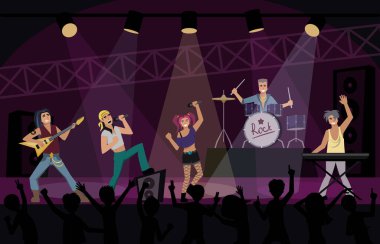 Rock konseri. Gitarlarda çalan etkileyici müzisyen ve podyum dansçılarında davul çalan. Vektör rock insanları çizgi film geçmişi