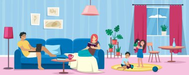 Aile odada. Ebeveynler ve çocuklar birlikte zaman geçirir kanepede rahat rahat oturup evde kitap okuyan çocuklarla oynarlar. Vektör çizgi film arkaplan kavramı
