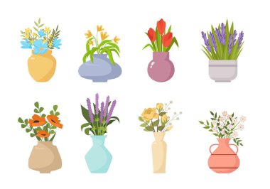 vase flowers. plants decoration beautiful flowers in pots or bottles with water blooming herbs tulip buds. Vector cartoon picture isolated on white