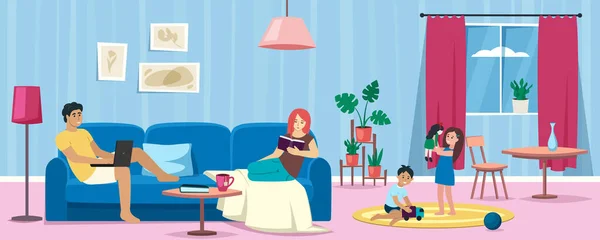 Family Room Parent Children Spend Time Together Relax Sofa Playing — Stock Vector