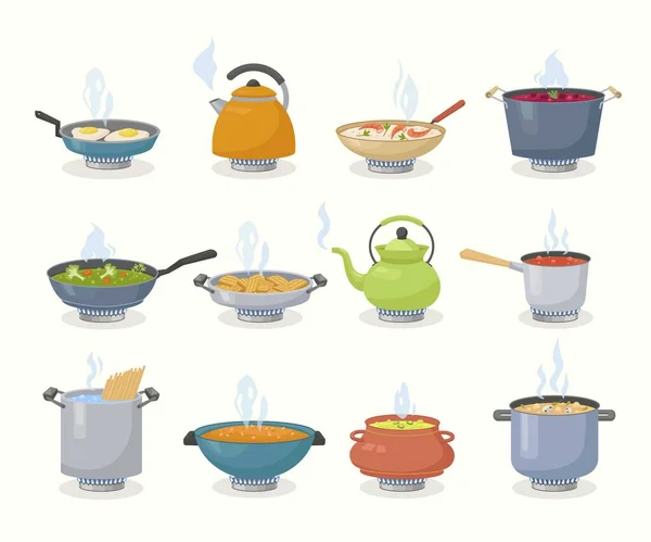 Boiling Food Kitchen Utensils Steaming Products Frying Pots Gas Stove — Stock Vector