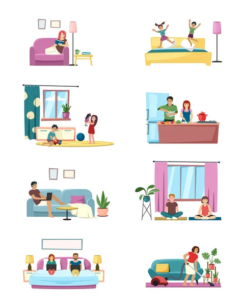 Family Routine Mother Father Relax Time Kids Playing Mom Making — Stock Vector