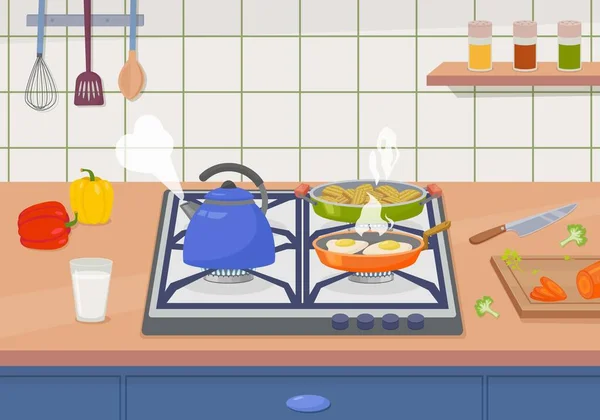 Cooking Gas Stove Kitchen Background Various Utensils Preparing Food Tea — 图库矢量图片