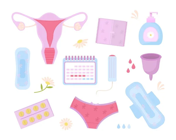 Menstruation Symbols Female Special Monthly Period Hygiene Pads Critical Days — стоковый вектор