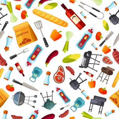barbecue pattern. different tools for outdoor relax time on BBQ party fresh stake grilled food. Vector seamless backgrounds