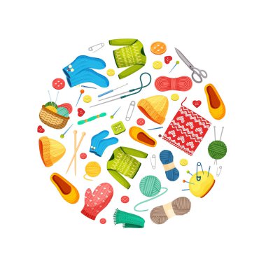 knitted. winter knit clothes from wool sweater jackets tailor items scissors threads. Vector cartoon circle design templates