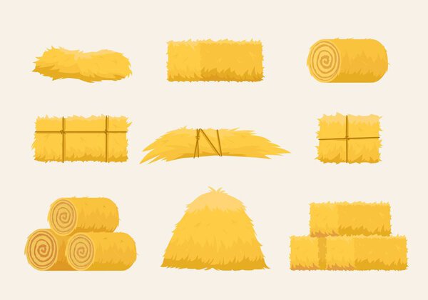 haystack. farm rural natural hay different forms square circle rolled. Vector haystack yellow collection