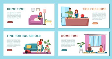 family routine landing. childrens and parents mother and father spend time together playing preparing food in kitchen reading. Vector web page templates