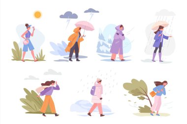 season people. woman walking in different weather time snow rain shiny cloudy. Vector season characters concept picture