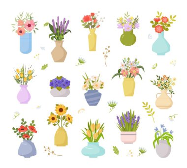 vase flowers. decorative beautiful plants standing in pots and vase botanical colored illustration in flat style. Vector template