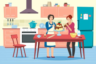 family cooking. parents preparing food in kitchen interior. Vector female cook