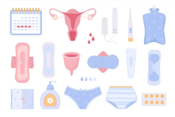 Menstruation Female Periods Different Self Items Calendars Tampons Soft Pads — стоковый вектор