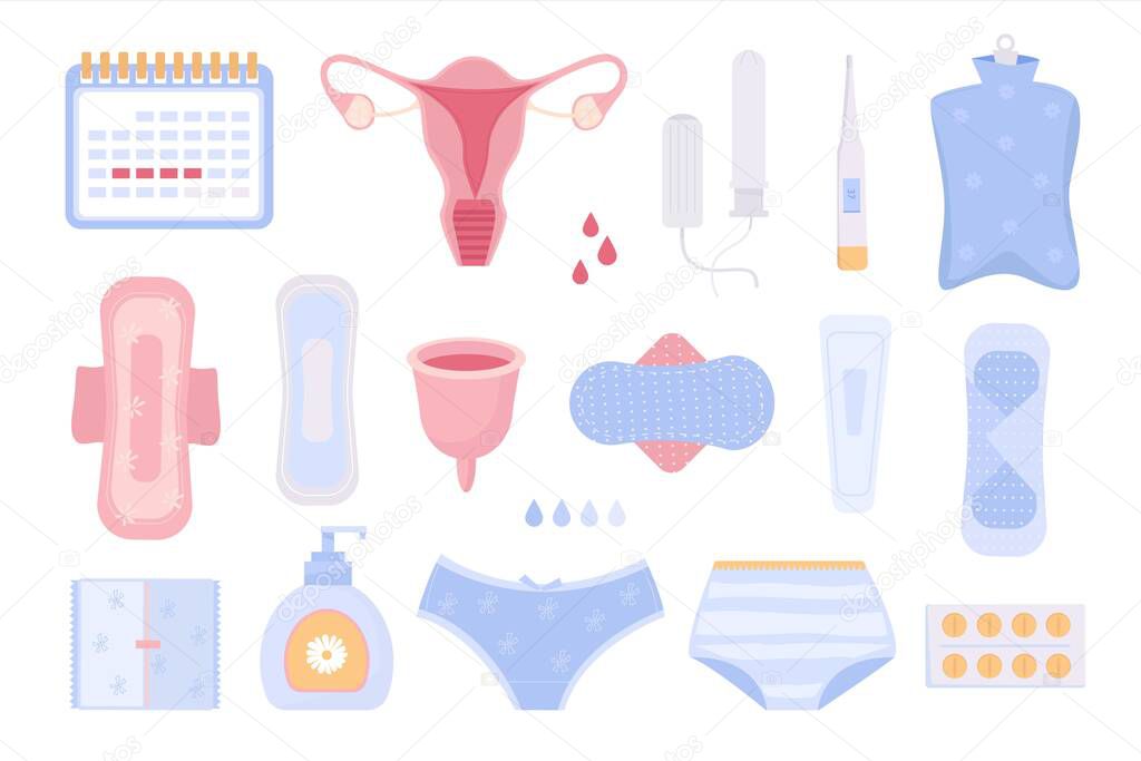 menstruation. female periods different self items calendars tampons soft pads at blood uterus and drugs. Vector pictures flat style
