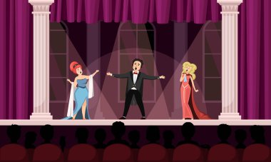 opera artists. opera male singer on scene singing. Vector cartoon performing person background