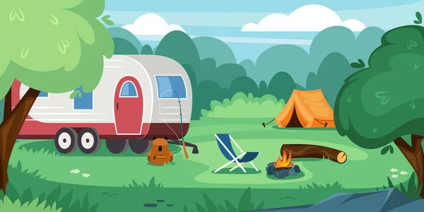 Camping Outdoor Relax Time Tent Campfire Camper Suv Car Vector — Image vectorielle