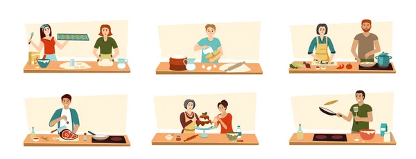 Family Cooking Male Female Characters Cooking Kitchen Boiling Frying Slicing — Image vectorielle