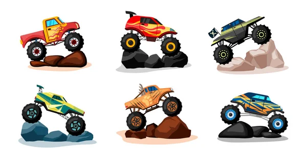 Monster Trucks Big Wheels Heavy Sport Agressive Extreme Cars Vector — Wektor stockowy