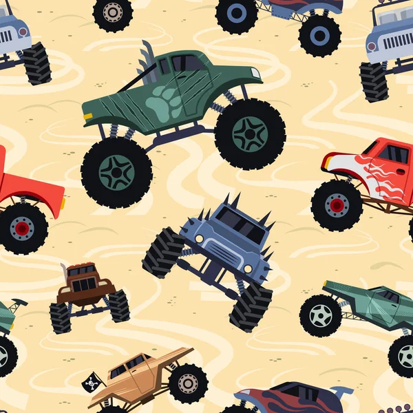 Monster Trucks Pattern Textile Design Templates Kids Room Interior Big — Vetor de Stock