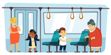 polite children. kids giving away in urban transport to elderly people. Vector good manner character