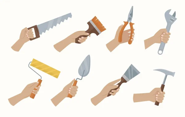 Construction Tools Human Hands Holding Tools Builders Brush Saw Screwdriver — Vetor de Stock