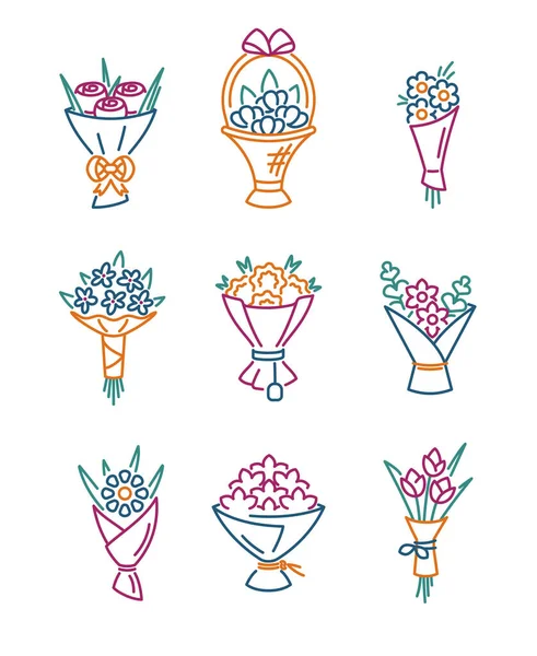 Bouquets Ícones Lineares Flores Botões Conjunto Coleções Buquês Vetor — Vetor de Stock