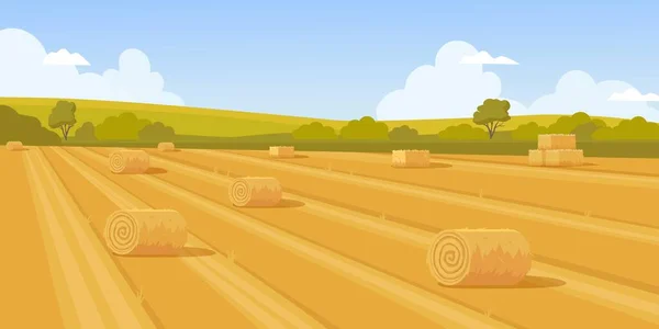 Buğday Tarlası Yuvarlanmış Samanlığı Olan Kırsal Bir Yer Vektör Karikatür — Stok Vektör