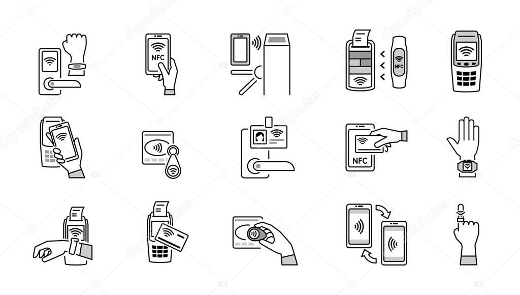 nfs icons. distantion payments cards systems digital gadgets smartphones and terminals wallets. Vector linear set