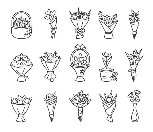 Sträuße Blumen Kollektion Linearen Stil Vector Verschiedene Bouquet Set — Stockvektor