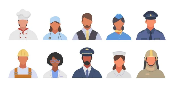 Professions Avatars Différentes Professions Professionnelles Personnes Visages Policiers Constructeurs Médecins — Image vectorielle