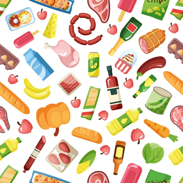 食品杂货样式 食品彩色卡通画 供杂货店市场使用 病媒无缝说明 — 图库矢量图片