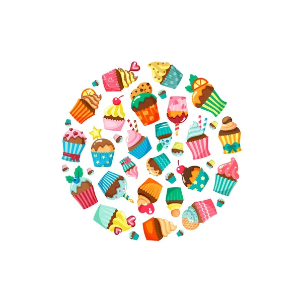 Muffin Ilustrasi Bentuk Lingkaran Dengan Set Cupcakes Berwarna Dihiasi Latar - Stok Vektor