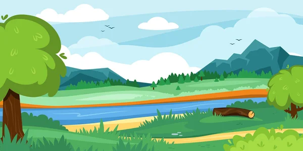 Waldlandschaft Outdoor Horizont Mit Flussgrünen Hügeln Und Bäumen Vector Cartoon — Stockvektor