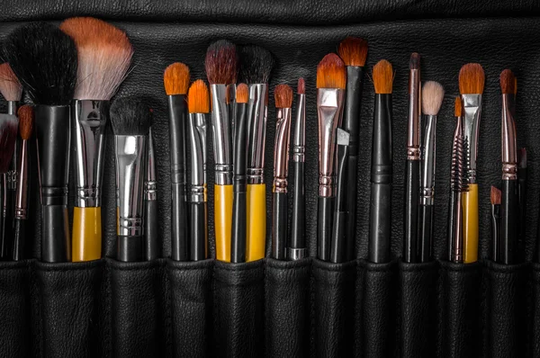 Närbild av makeup-borstar i mörkt läder — Stockfoto