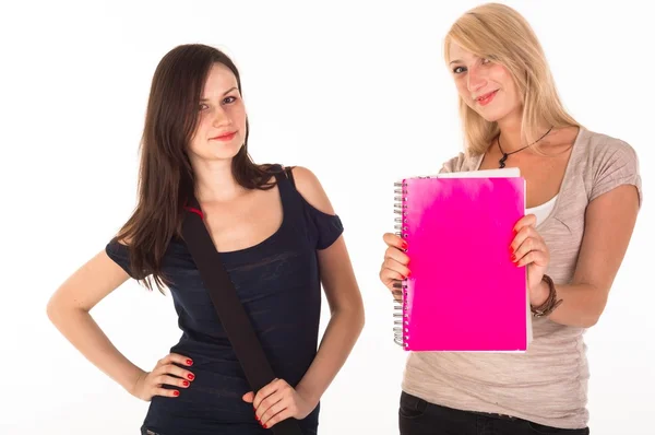 Two beautiful student girls getting ready for school — Stock Photo, Image