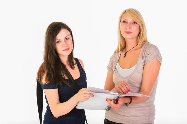 Two beautiful student girls getting ready for school — Stock Photo, Image