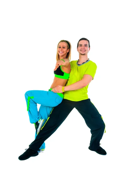 Acrobatic dancing with two young trainers — Stock Photo, Image