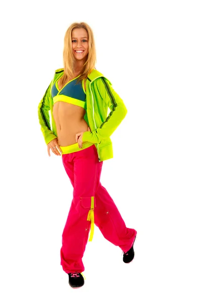 Young female fitness instructor on white isolated background — Stock Photo, Image