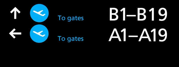 Schwarzes Flughafenterminalschild mit blauen Symbolen — Stockfoto