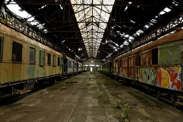 古い列車車庫で貨物列車 — ストック写真